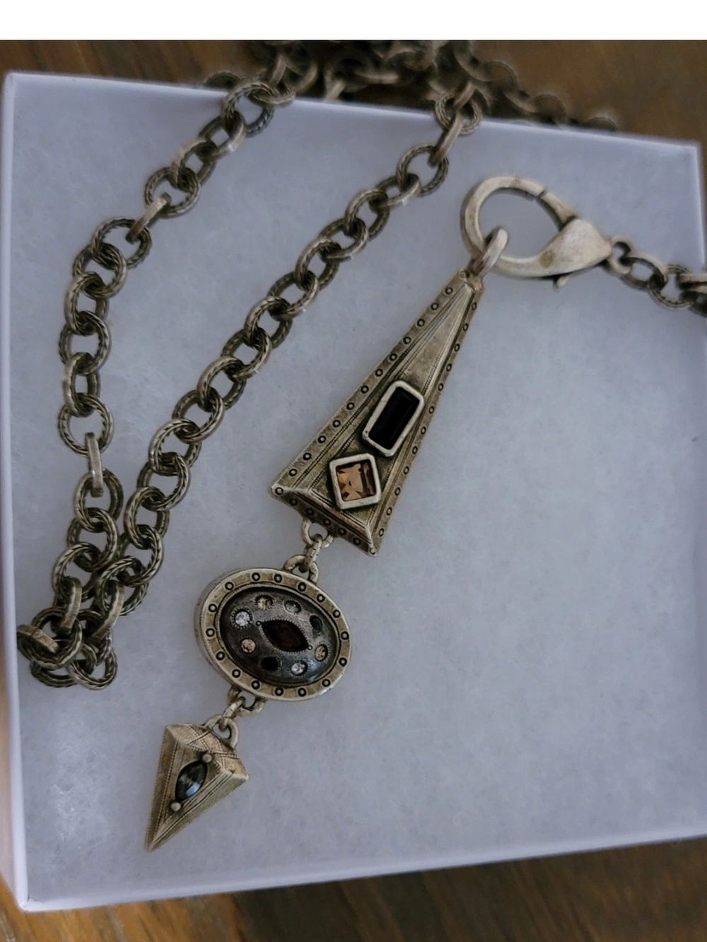 Antique Gold-Tone Geometric Pendant Necklace in Black and Brown Stones